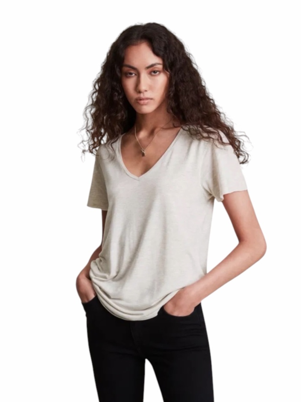 AllSaints Emelyn Shimmer V Neck Tee Linen Blend Short Sleeve M